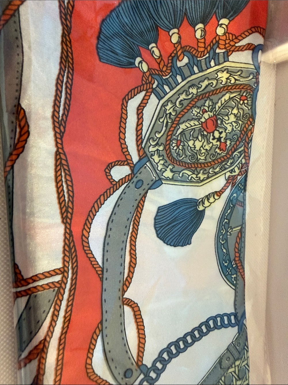 Source Unknown Coral, Navy and Cream Decorative Rope Print Silk Scarf